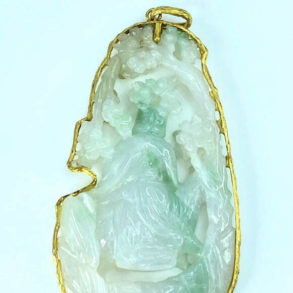 Vintage hand carved Jade custom made 14K pendant 3 1/4" 1 3/4" 32.3g JR8675